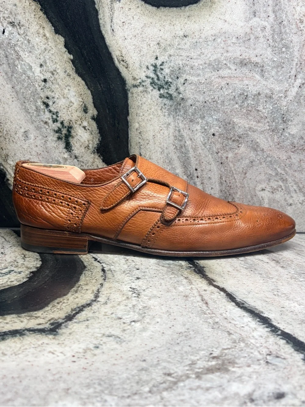 Santoni Fatte a Mano Double Monk Brown Grained Leather Shoes UK 9 US 11 Italy